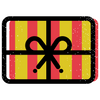 Graphic of gift card with red and yellow stripes, tied with a black ribbon