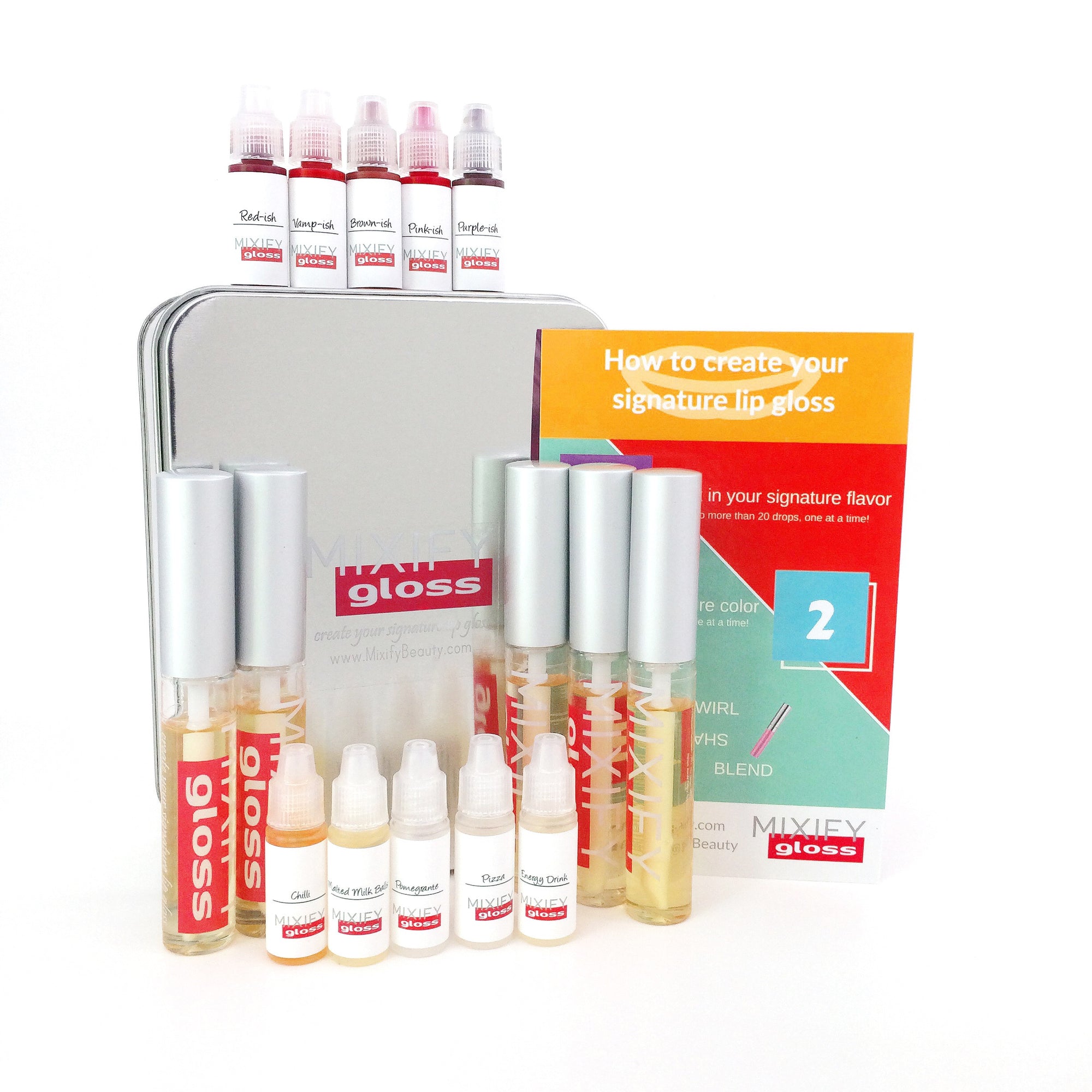 Mixify Beauty lip gloss kit with aluminum tin, wands with base, dropper bottles with flavors, colors